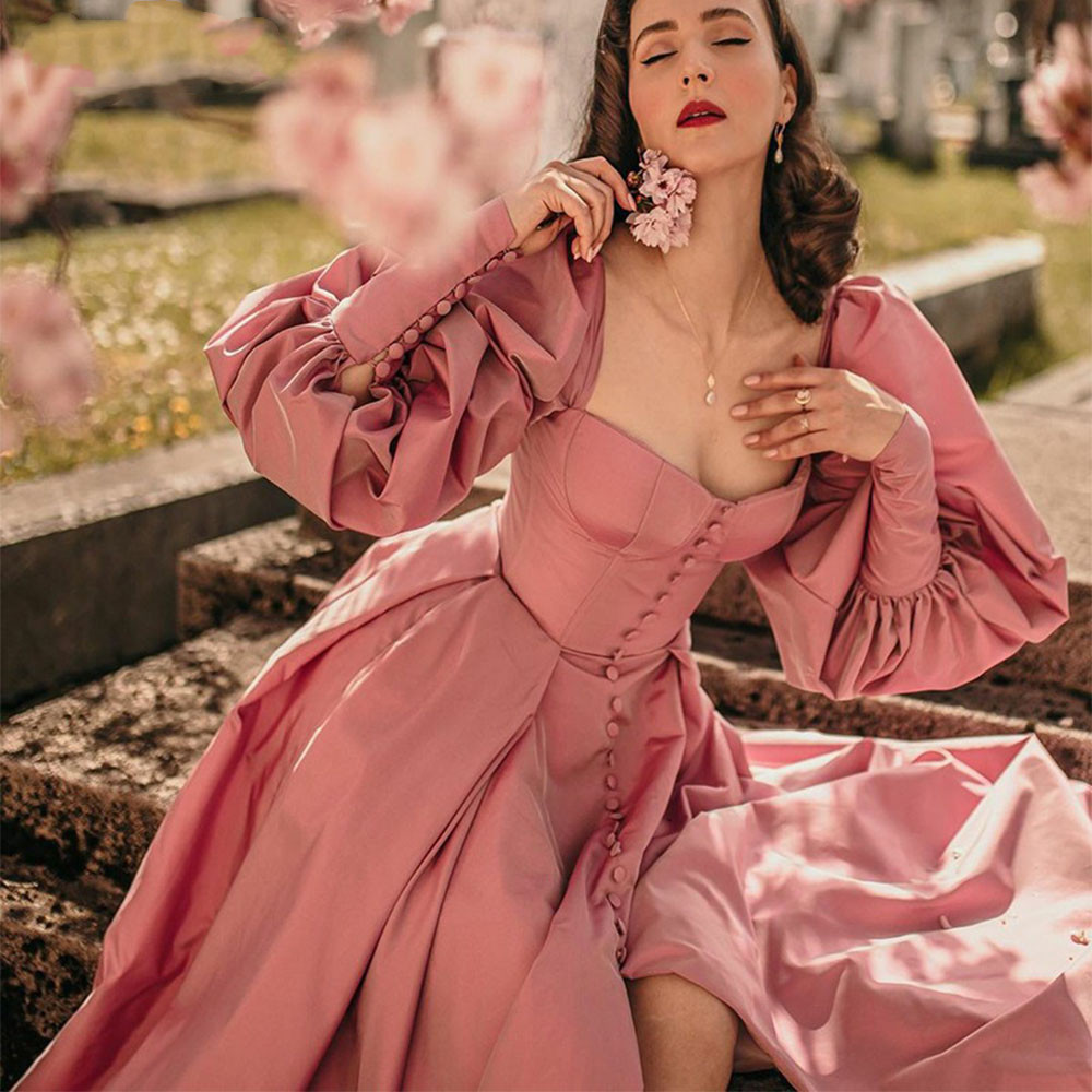 Pink A-line Prom V Neck Sequins Beads Buttons Appliques Long Sleeves High Waist Satin Front Split Applique Party Dress Sweep Train 0508