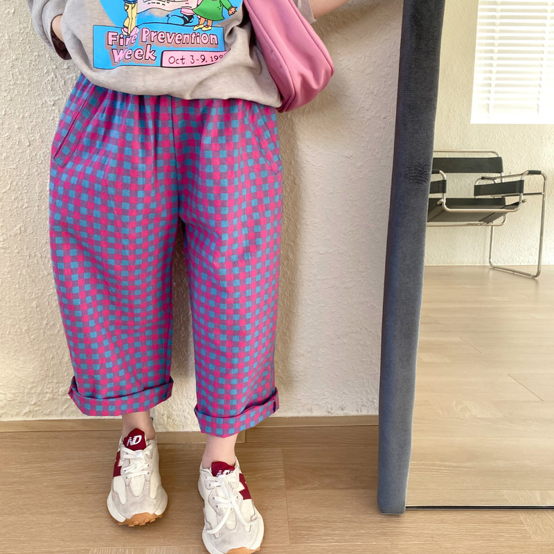 Spring girls cotton plaid Hip pants Kids soft loose cotton trousers 2-7Y 220512