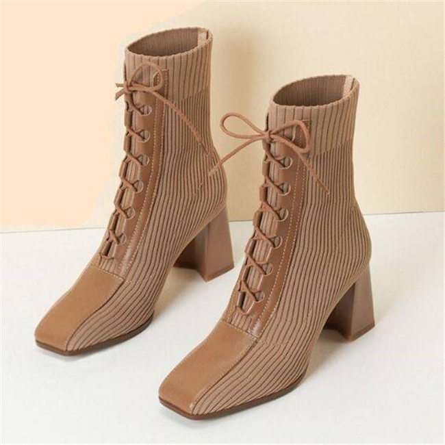 New Fashion Women Martin boots Stitching Knitted Elastic Stockings Boots High-heeled Short Boot Square Toe Women's Shoes