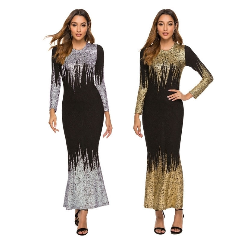 Autumn Winter Dress Women Elegant Gold Foil Slim Long Dress Fashion Bronzing Foam Long Sleeve ONeck Dresses Female High Quality 201008