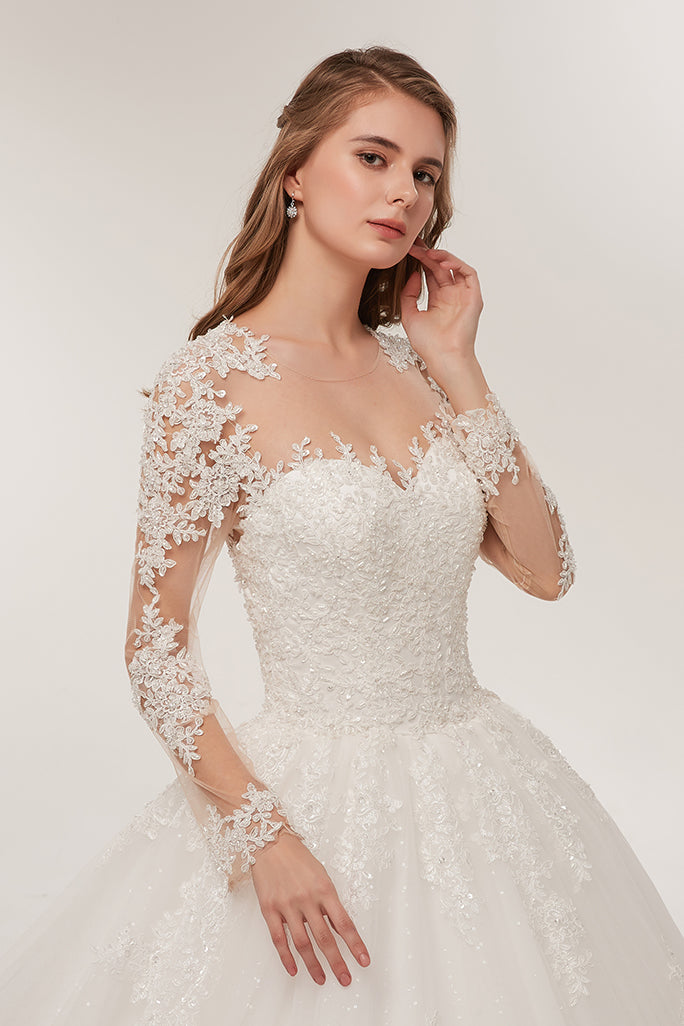 Elegant Long Sleeve Lace A Line Wedding Dress For Bride Sheer Jewel Neck Church Wedding Gowns Court Train Ivort Tulle Country Bridal Dresses 2022 Vest