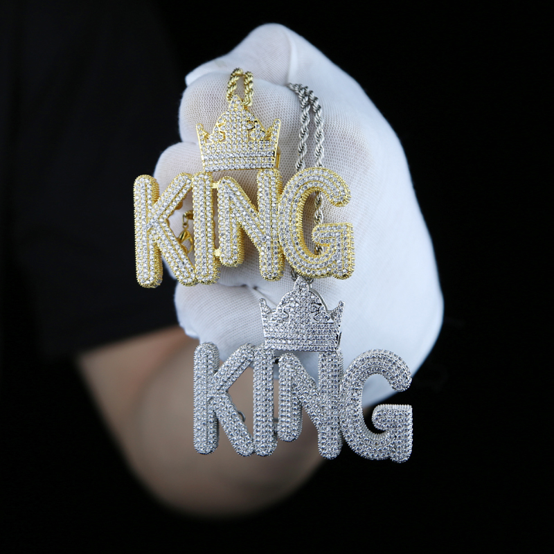 Men's Iced Out Bg Hip Hop Crown Shape King Letters Pendant Necklace with Rope Chain
