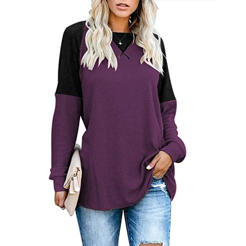Winter Autumn Patchwork O Neck Solid Color Tops Women's Fashion Casual Loose Plus Size Tees Tunic T Shirt Long Sleeved Pullovers 220318
