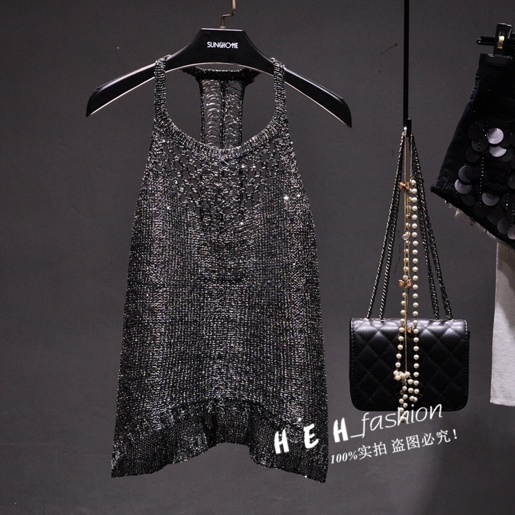 Summer sexy hollow out knitted camis women shiny bling sequined tanks tops sequins gold 220316