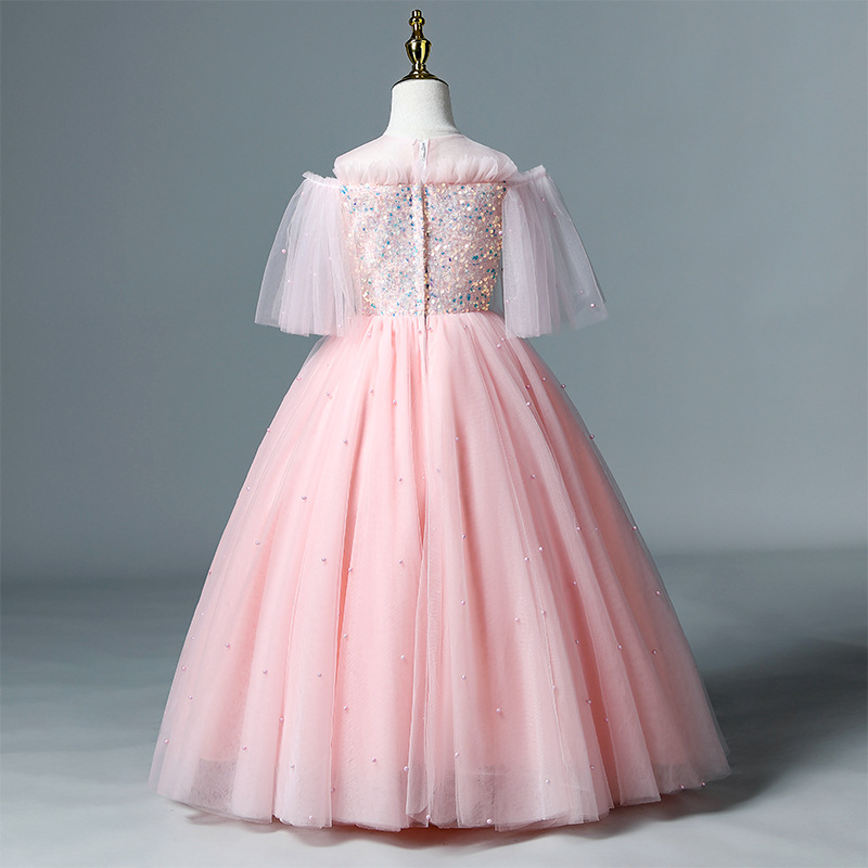 2022 blingbling Beautiful Pink Flower Dresses for Weddings sequined Pretty Formal Girls Gowns Cute Satin Puffy Tulle Pageant Dress Spring