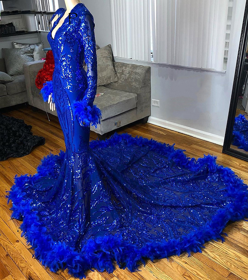 Royal Blue Sequin Mermiad Prom Dress 2022 With Feather Sexy V Neck Long Sleeve Aso Ebi Evening Dress Luxury Formal Party Gowns Robes De Soirée Special