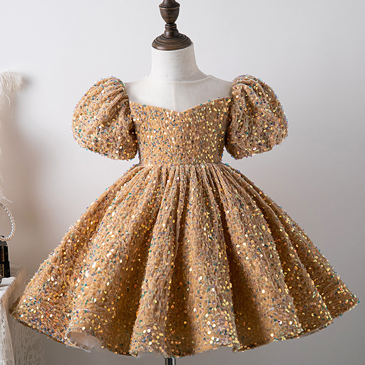 Gold Girls Pageant Dresses Ball Gown Long Sequined Toddler Flower Girl Dress Floor Length 3D Appliques First Holy Communion Gowns 403