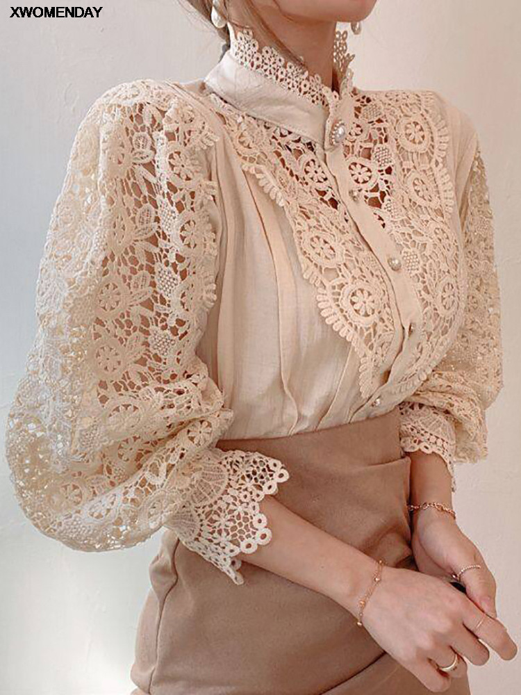 Women Chiffon Button Turtleneck Shirt Chic Elegant Floral Lace Fluffy Long Sleeve Top Fashion Hollow Oversize White Blouse 220407