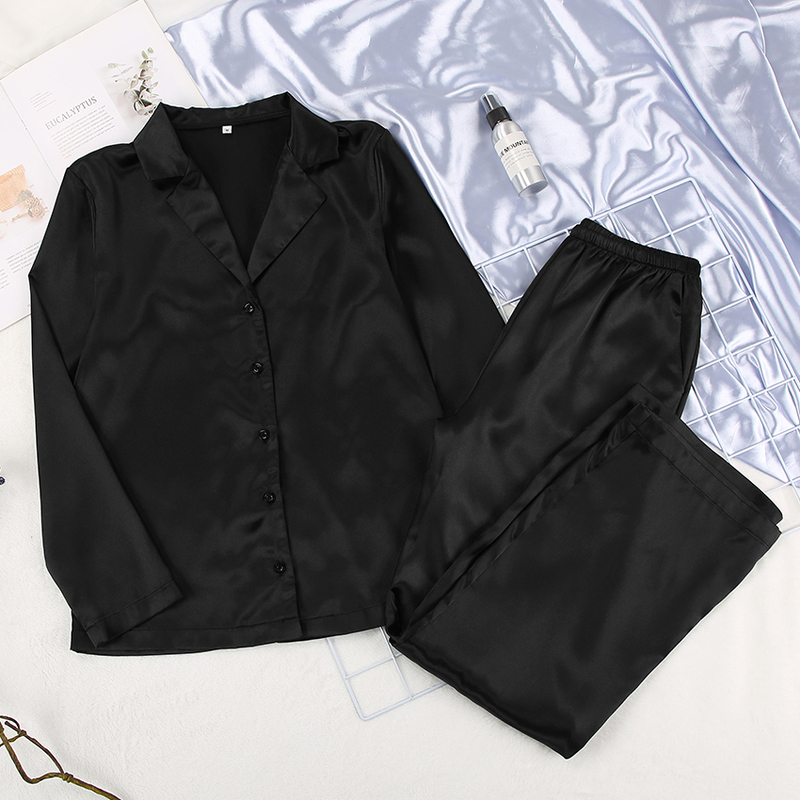 HiLoc Black Long Sleeve Home Suit For Women Sleepwear Satin Pyjamas Set Solid Basic Two Piece Top And Pants Spring Pjs 220329