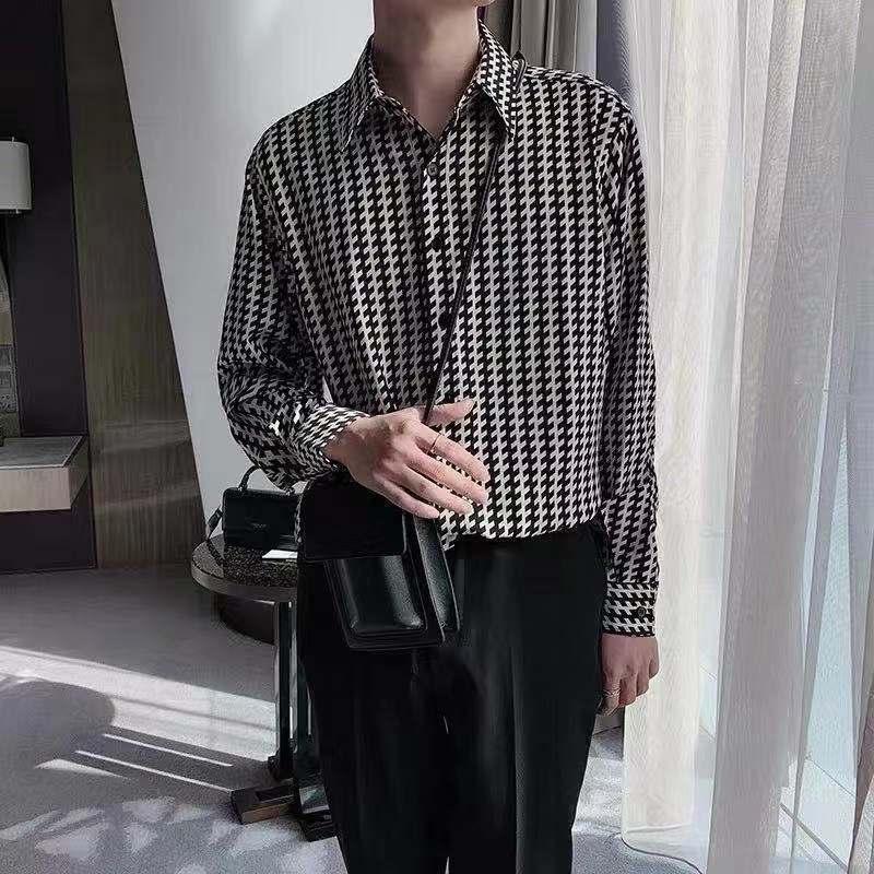Men039s Casual Shirts TAVARES Men Houndstooth Long Sleeve Plaid Shirt Baggy Oversized Gothic Harajuku Button Up Cardigan Tops