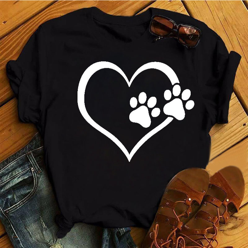 Women T Shirt Cartoon Tops Colorful Heart Dog Paw Print Tshirt Female Summer Tshirt 90s Girls Short Sleeve Tee Black Tshirts 220527
