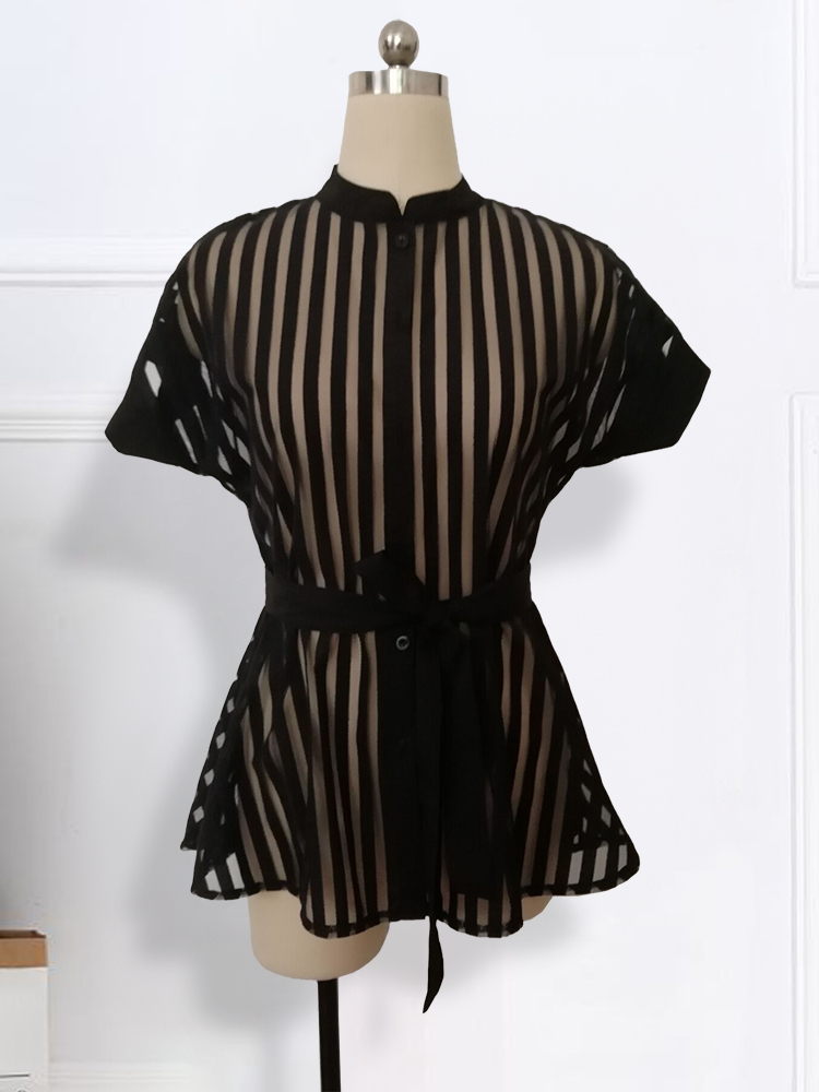 Women Shirts Transparent See Through Short Sleeves with Waist Belt Buttons Sexy Blouses Tops Femme Spring Summer Fashion Bluas 220516