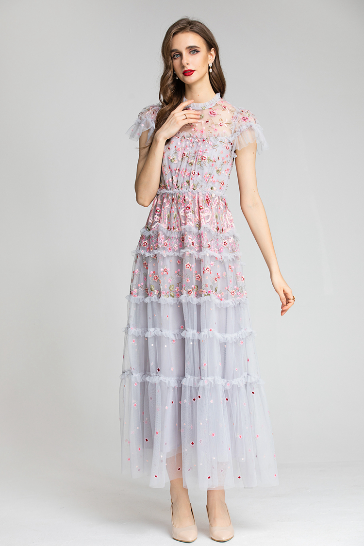 Women's Runway Dresses O Neck Short Sleeves Embroidery Ruffles Layered Printed Elegant Party Evening Prom Gown