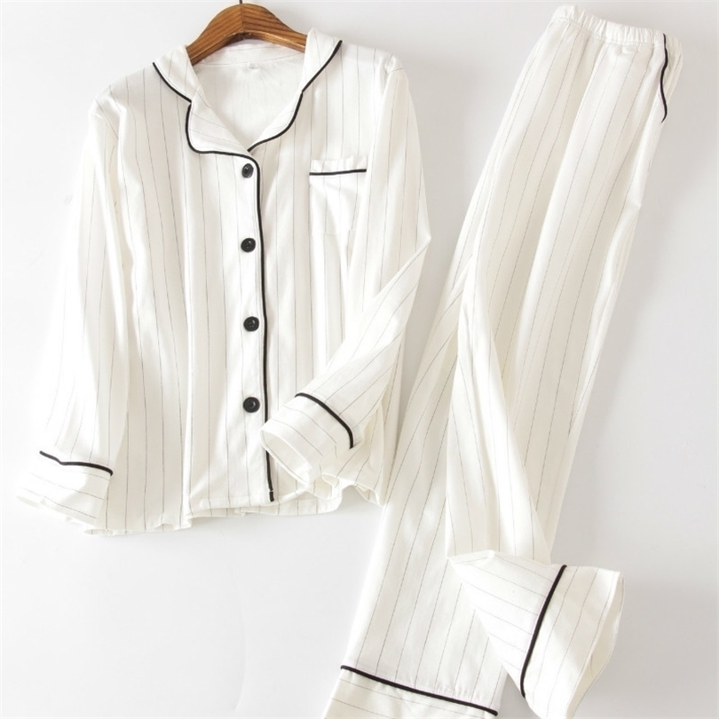 QWEEK Cotton Pajamas for Women Long Sleeve Night Suit Cardigan Pijama Stripes Sleepwear Pyjama Nightwear Dropshipping 201106