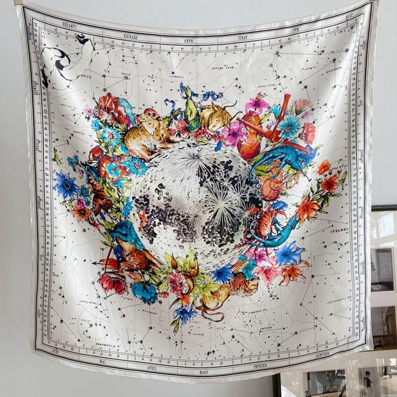 

Scarves Constellation Print 100% Natural Silk Scarf Neckerchief Women Large Square Shawl Foulard Echarpe For 2022 Spring 35"x35"Sc