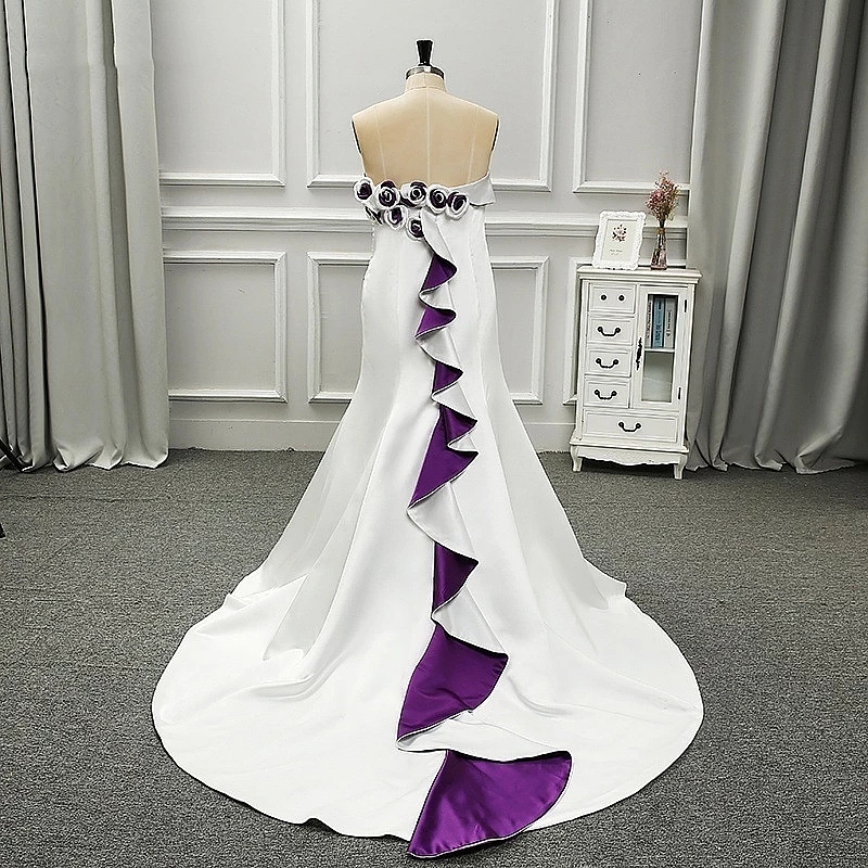 Vintage White and Purple Stain Crepe Wedding Dresses 2022 Strapless Handmade Flower Pleated Embroidery Gothic Bridal Gown