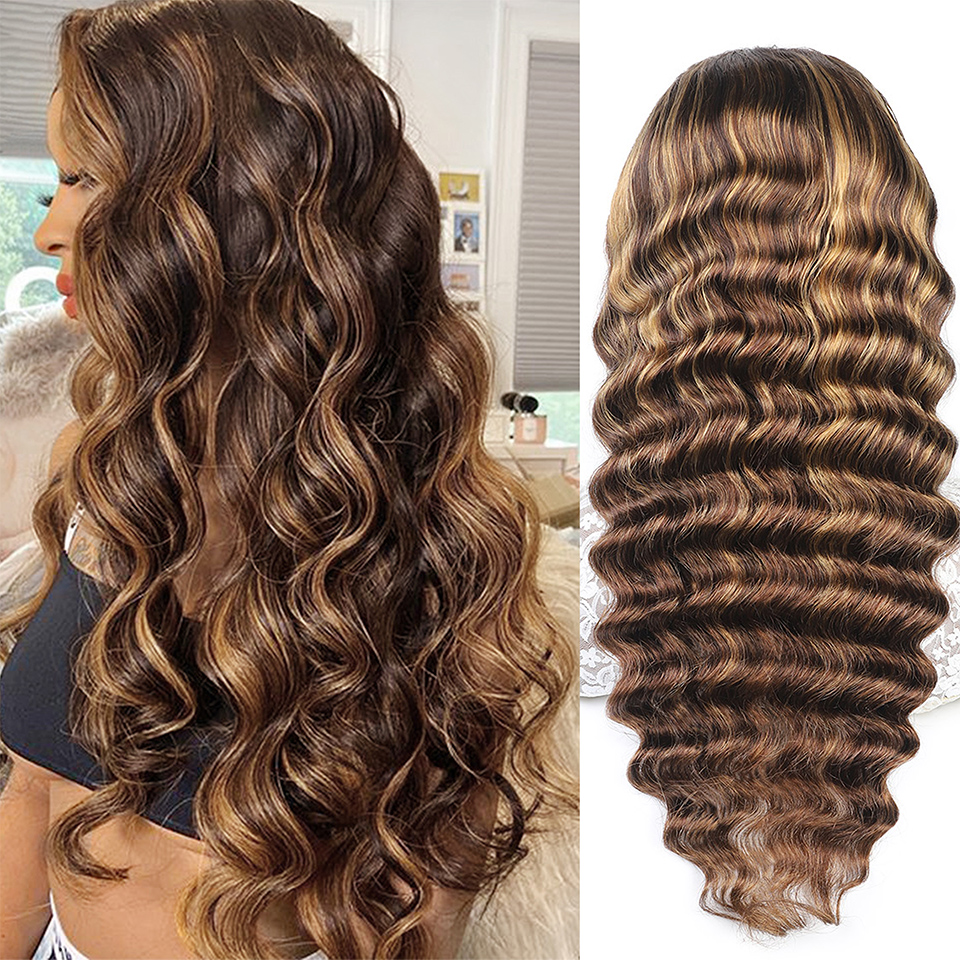 Highlight Wigs Human Hair Loose Deep Wave Wig Honey Blonde Lace Front Colored raw Hd Transparent invisible hairline 180%density fast delivery
