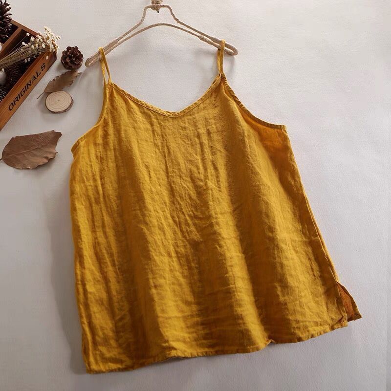Women's Summer Top Cotton Linen Spaghetti Strap Women Halter V Neck Basic Yellow Sleeveless Tank s Loose Casual Camis 220325