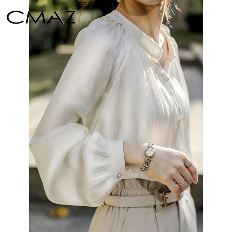 CMAZ Women Blouses 2020 Spring Summer Shirts Solid Oneck Vintage Lady Office Tops CMAZ1002 T200505