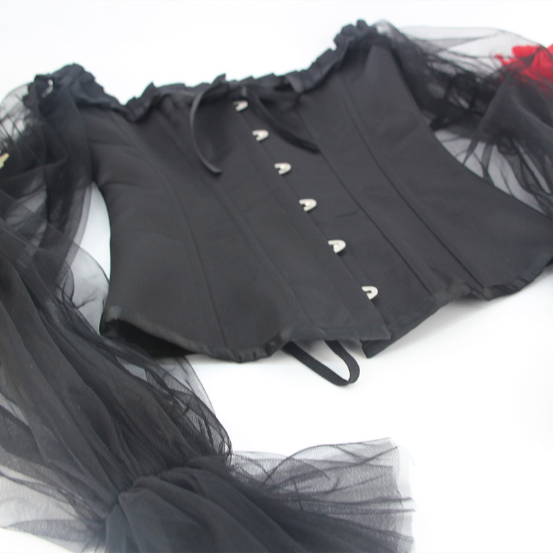 Black Satin Overbust Corset Top with Court Neck and Long Mesh Sleeves Lolita 2022 New Victorian Steel Bones Shaper Bustiers