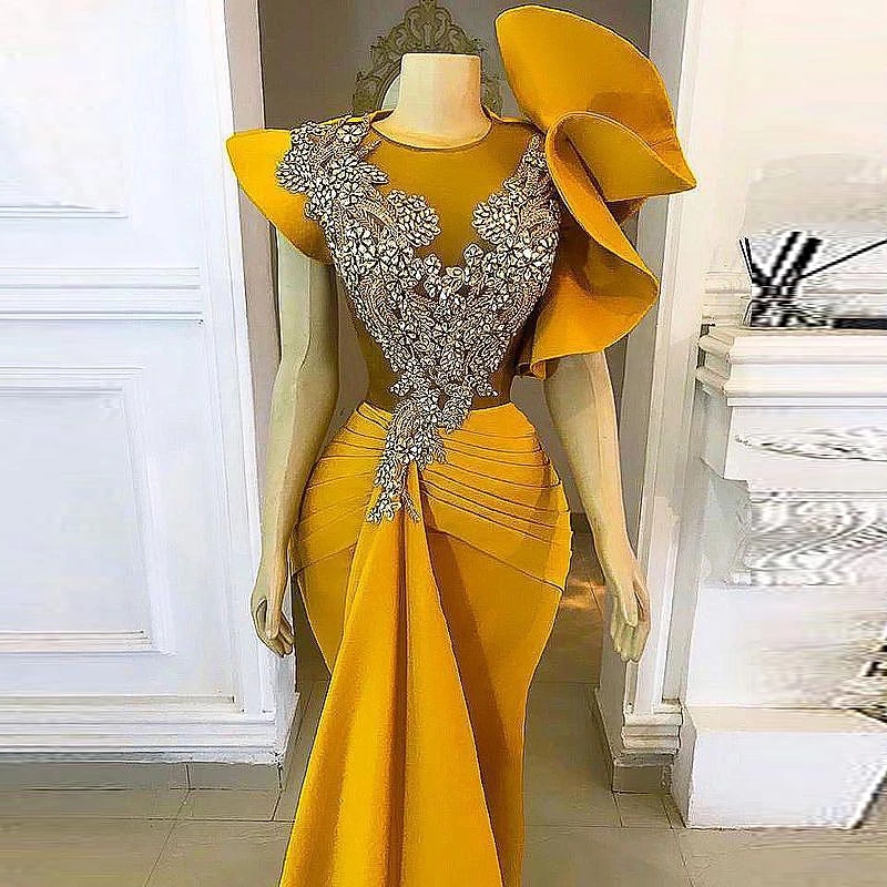 Gold African Prom Dresses With Sheer Neck Beads Crystals Appliques Mermaid Puffy Sleeves Aso Ebi Evening engagement Party Gown
