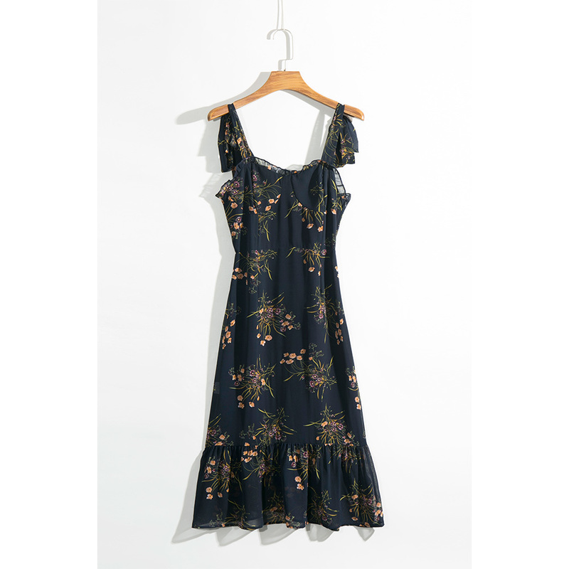 Dresses For Women Elegant Vintage Floral Frill Sweetheart Neck Sleeveless Strap Tie Ruffle Hem Summer Beach 220514