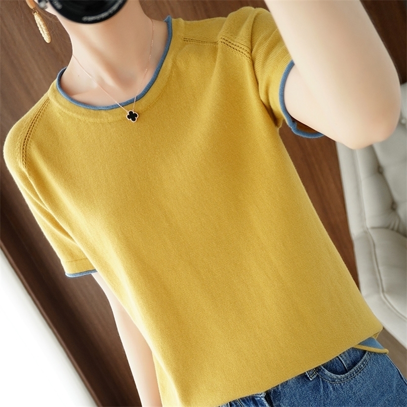 T-shirt women round neck sweater casual top tees slim Korean pullover large size cotton short sleeve 220328