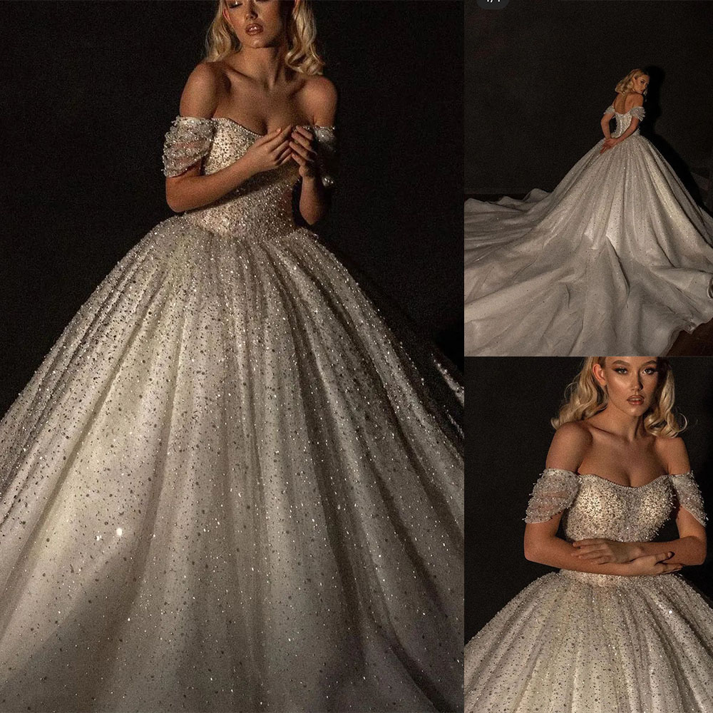 urious Ball Dresses Sweetheart Off Shoulder Strapless Cap Sleeve Crystal Beaded Sequins Lace Sweep Train Bridal Gowns Custom Made Wedding Gown