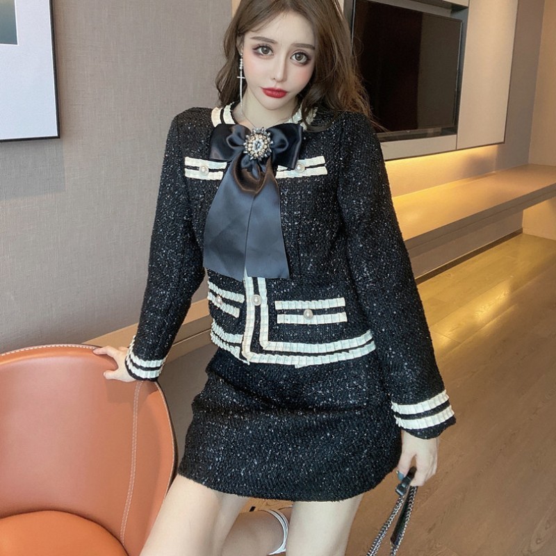 Arrival Runway Fall Winter Womens Sequins Pearl Buttons Bow Tie Tweed Jecket Top Coat High Waist Skirt 2 Piece Set Suit 220817