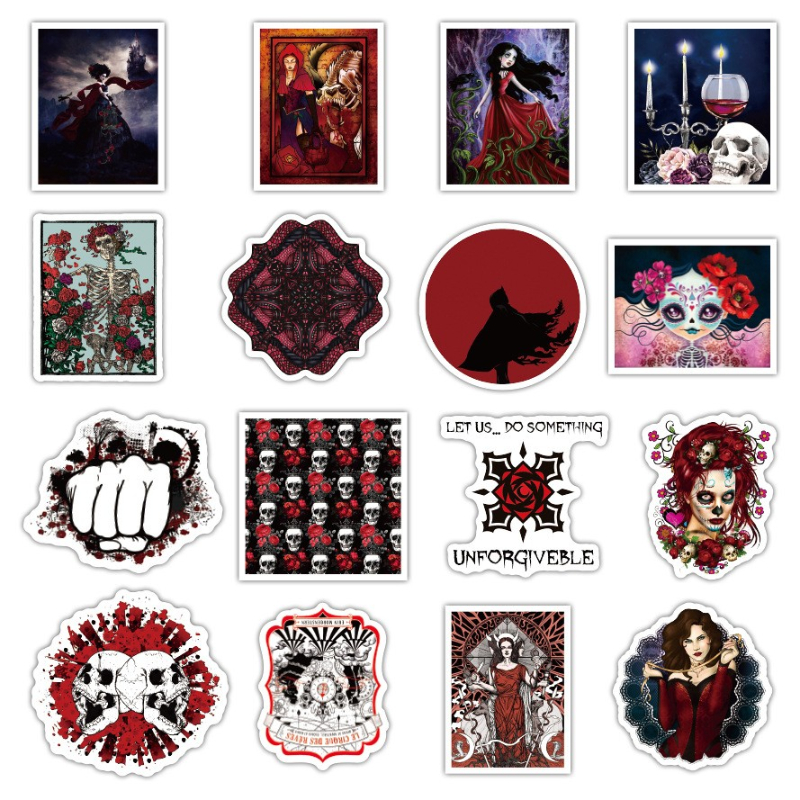 50Pcs/Lot Western Style Classical Cool Dark Red Gothic Punk Stickers Graffiti Sticker Notebook Skateboard Car Kids Gift Toy Collection Waterproof Deca