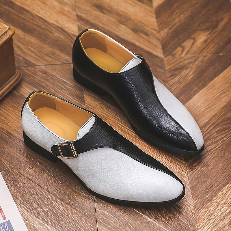 Men Elegant Monk Shoes Color-blocking Litchi Pattern PU Single Buckle Retro Classic Fashion Business Casual Party Dress Shoes