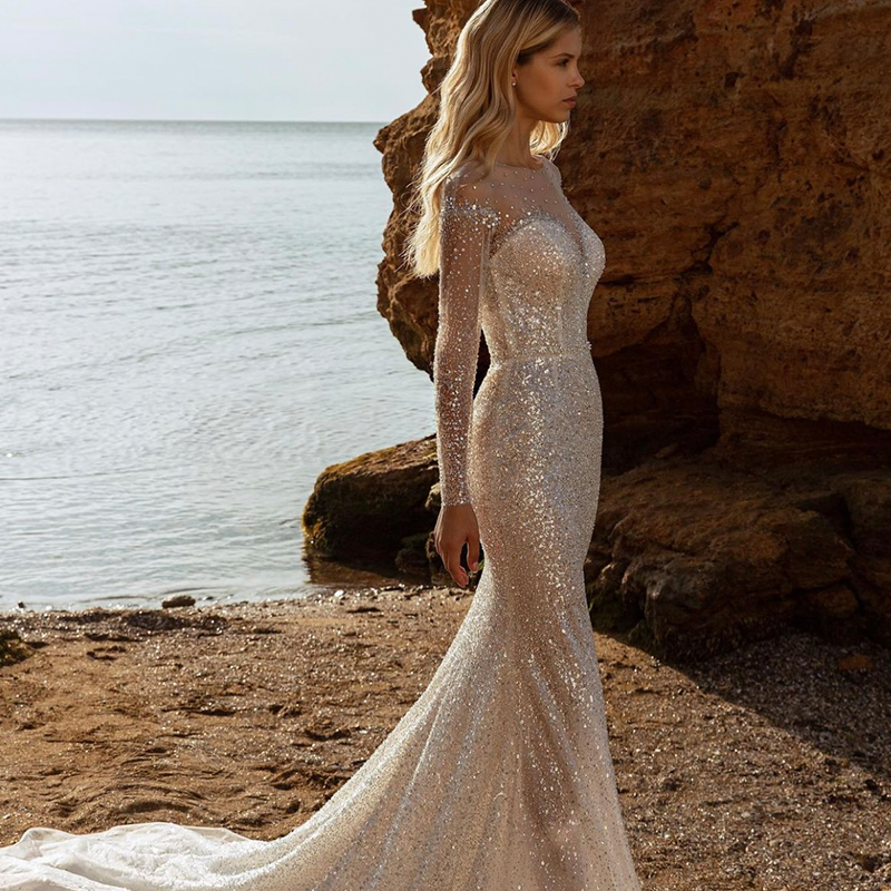 Detachable Shiny Sequins Ball Gown Wedding Dresses Strapless Lace Sequins Beaded Long Sleeves Button Sweep Train Vintage Robes De Soiree