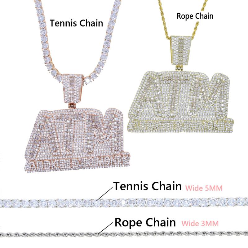 Chains Iced Out Bling Cubic Zircon Big Heavy Letter Shape ATM Pendant Necklaces Tennis Chain Jewelry HipHop Men Women Charm Party GiftsChain