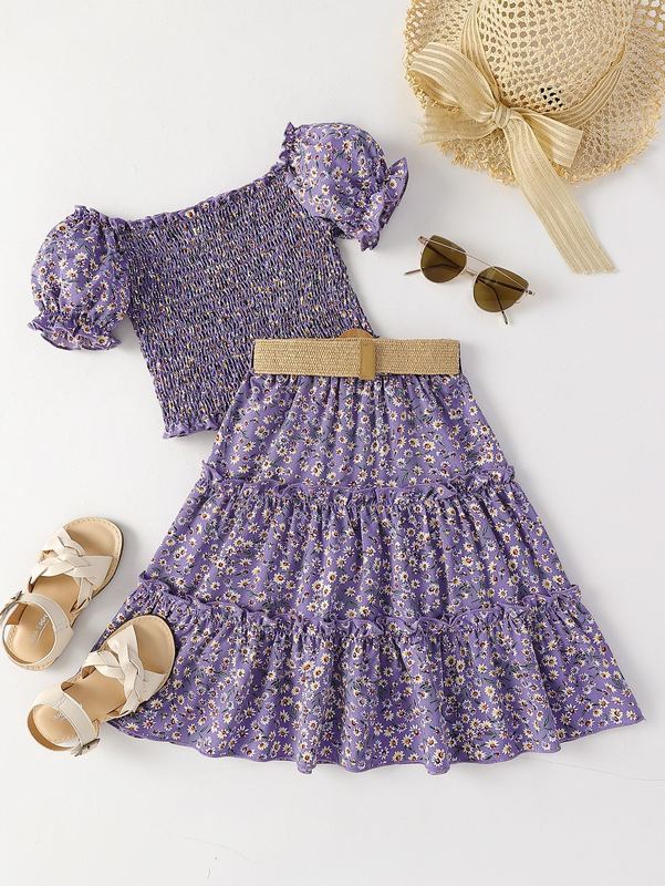 Toddler Girls Ditsy Floral Puff Sleeve Shirred Top & Ruffle Hem Belted Skirt SHE