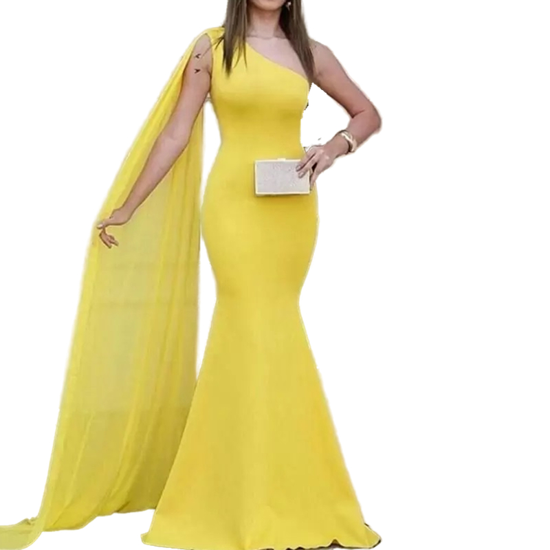 2022 Yellow One Shoulder Mermaid Prom Dresses Simple Women Long Formal Evening Party Gowns vestidos de fiesta Plus Size Special Occasion Dress