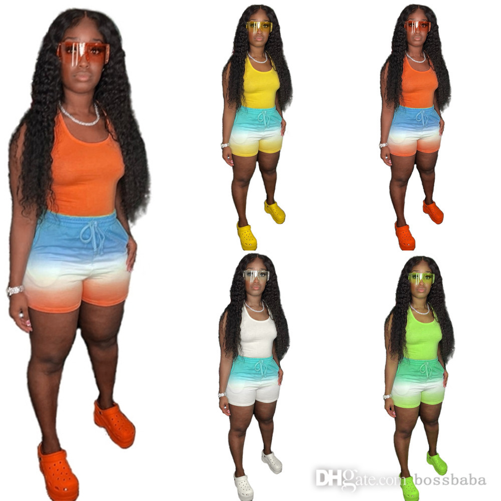 2022 Women Tracksuits Designer 2 Two Piece Shorts Set Clothes Sport Vest Gradient Outfits Jogging Biker Suits Tie Dye Ladies Casual Plus Size Clothing, Yellow 
2022 Women Tracksuits Designer 2 Two Piece Shorts Set Clothes Sport Vest Gradient Outfits Jogging Biker Suits Tie Dye Ladies Casual Plus Size Clothing, Yellow