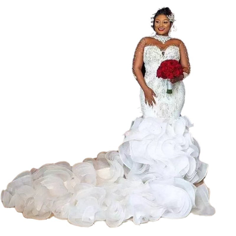 Luxury African Cascading Ruffles Wedding Dress Long Train Crystals Beaded High Neck Mermaid Bridal Gowns Long Sleeve Aso Ebi Bride Dresses Custom Made