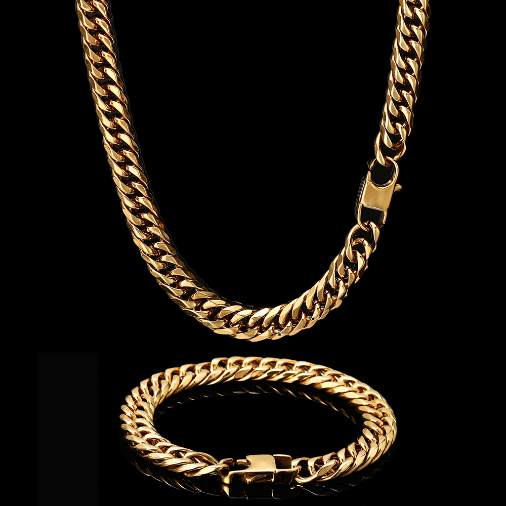 Cuban Link Chain Necklace Bracelet Set Heavy 18K Real Gold Plated Stainless Steel Metal Necklace for Men Fashion Jewelry