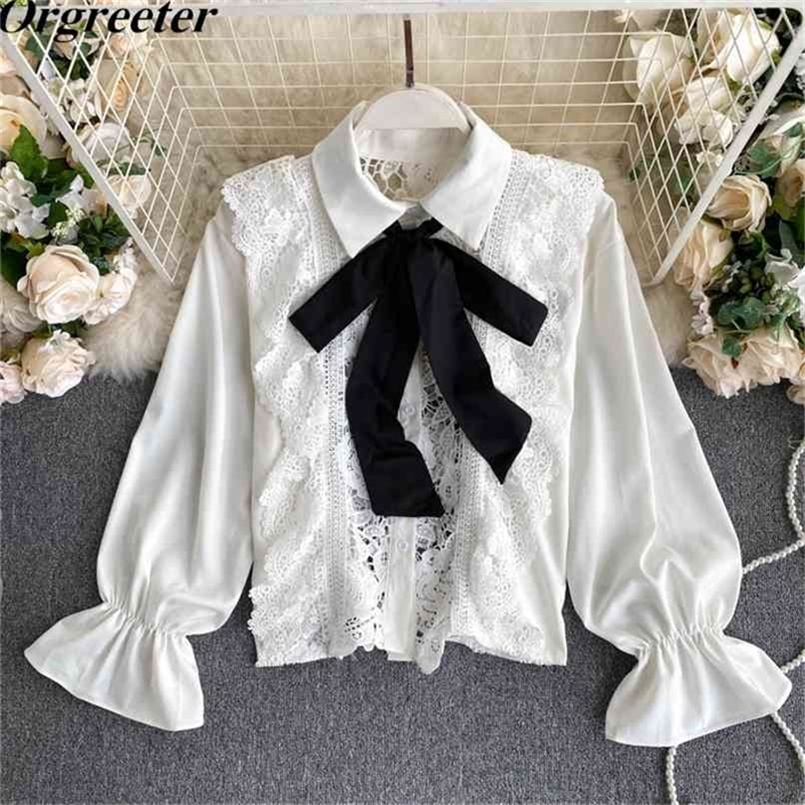 Hollow out Lace Chiffon Patchwork Women' Shirts Blouse Bow Scarf Lapel Flare Long Sleeve Spring Fall Female Clothing Fashion 210602, White
Hollow out Lace Chiffon Patchwork Women' Shirts Blouse Bow Scarf Lapel Flare Long Sleeve Spring Fall Female Clothing Fashion 210602, White