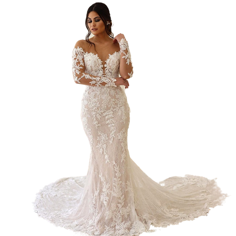 Romantic Boho Beach Lace Dress Long Sleeve Mermaid Wedding Gowns Sexy Open Back Chapel Bridal Dresses robe de mariage