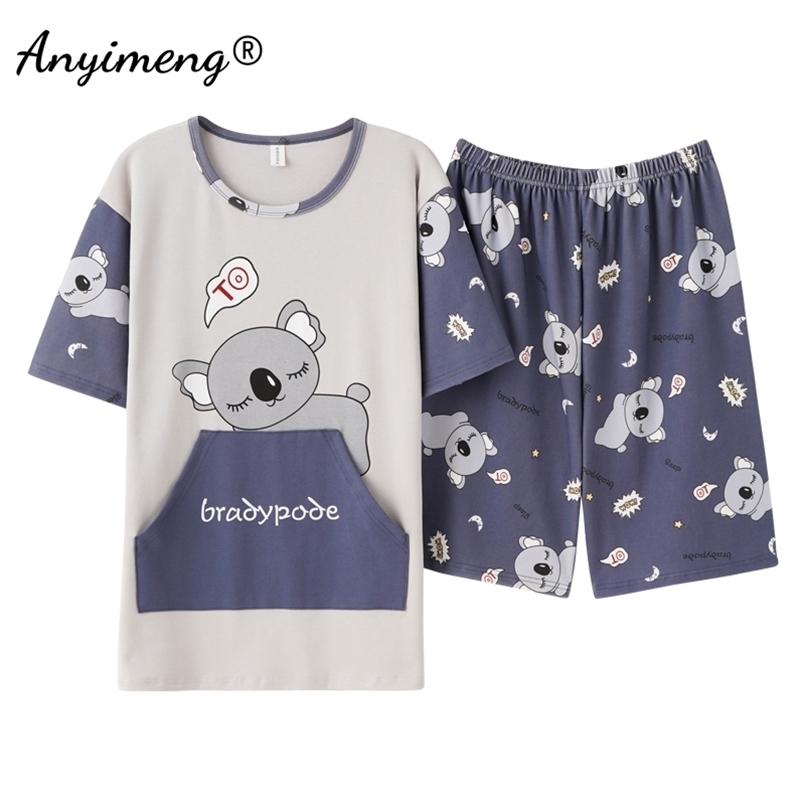 4XL Pajamas Set Cotton for Men Summer Shorts Home Suits Soft Casual Nightwear 3XL Pullover Cartoon Printing Fashion Pyjamas Man 220426