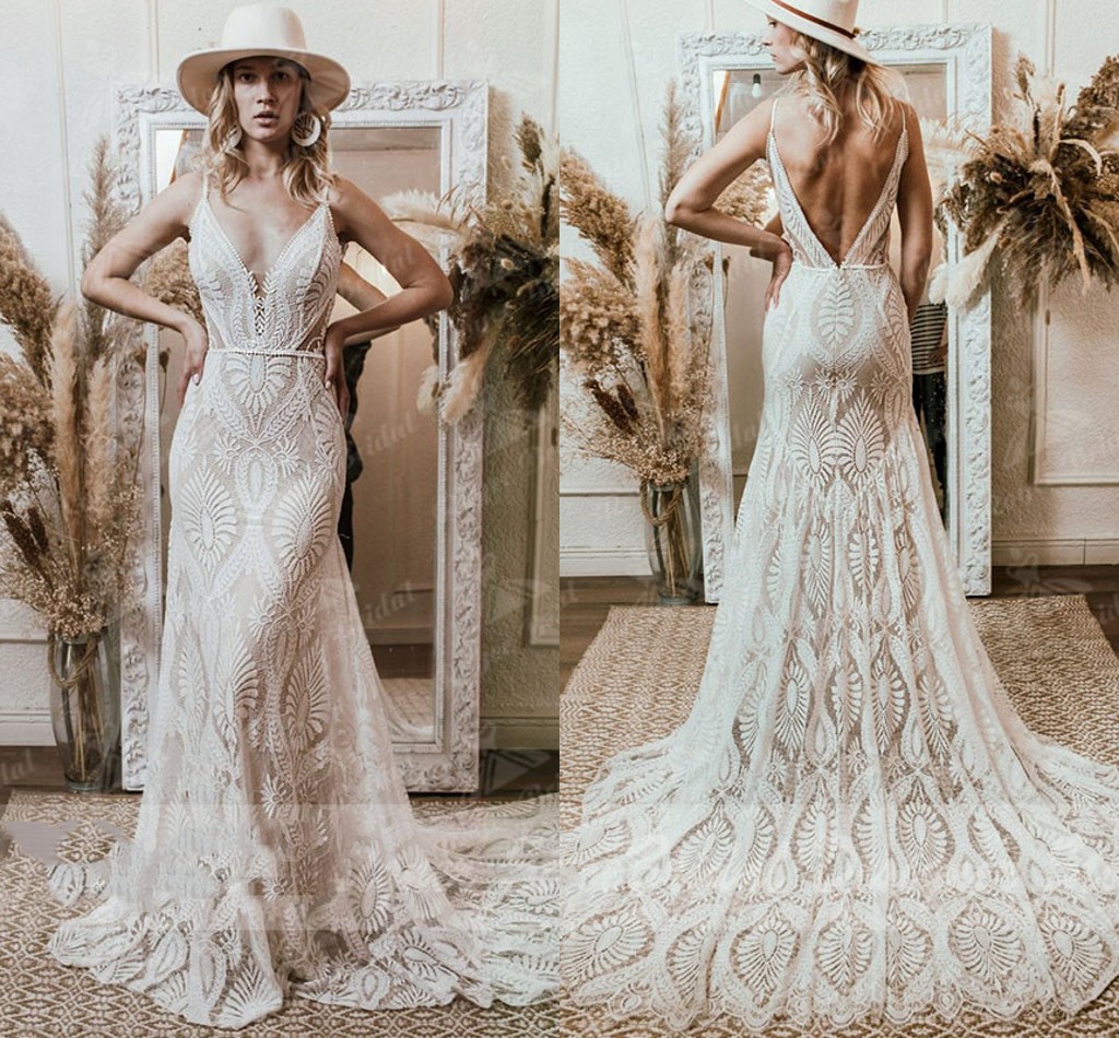 2022 Bohemian mermaid Wedding Dress V Neck Lace Boho Spaghetti Straps Backless Beach fisthail Bridal Gowns Vestido de novia