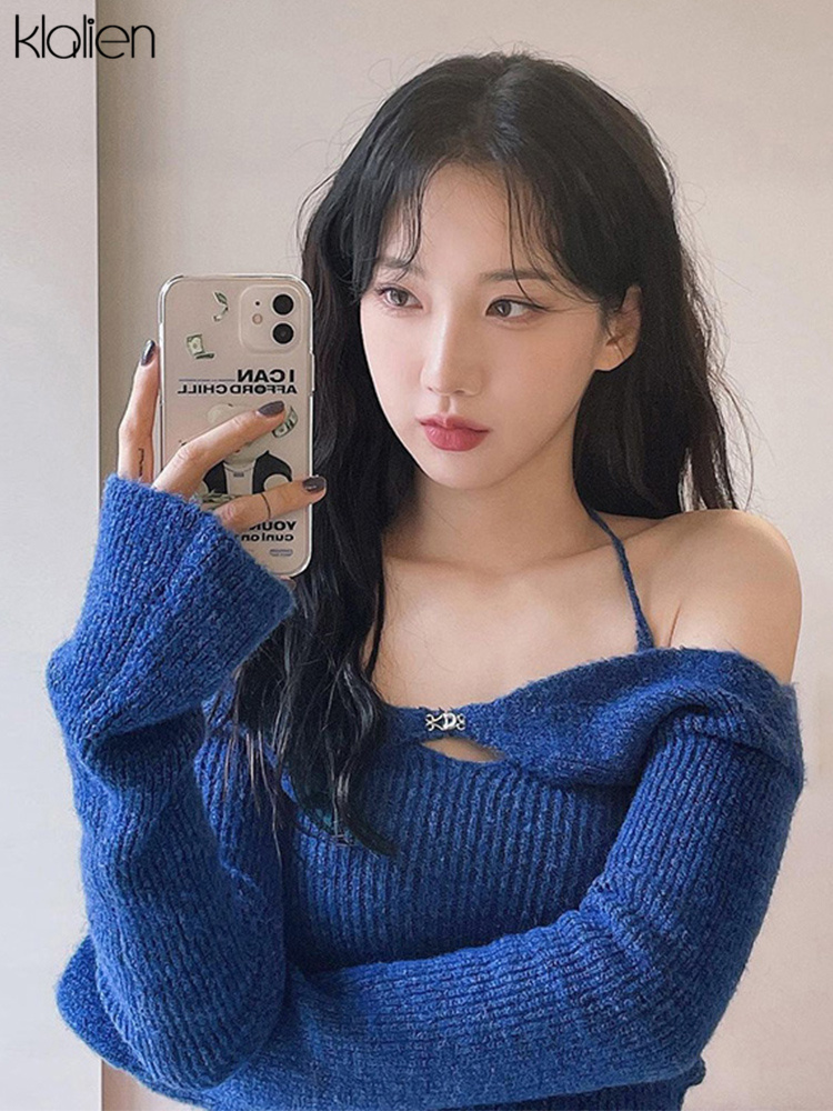 KLALIEN Fashion Elegant Women T-Shirts Solid Knit Slim Stretch Halter Flare Sleeve Two Piece Top Female Streetwear Sweet Cute 220328