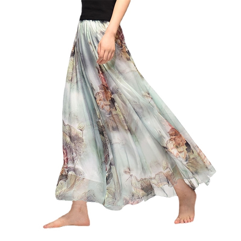 Vintage Bohemian Long Skirts Women Elegant Chiffon Saia Harajuku Beach High Waist Skirt Woman Clothes Faldas Tutu Vestidos 220317