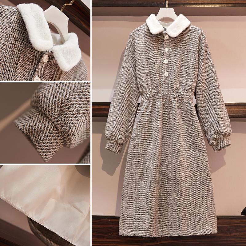 Casual Dresses Autumn Winter Large Size Womens Woolen Dress Fashion Buckle Retro Temperament Slim Femme Vestidos