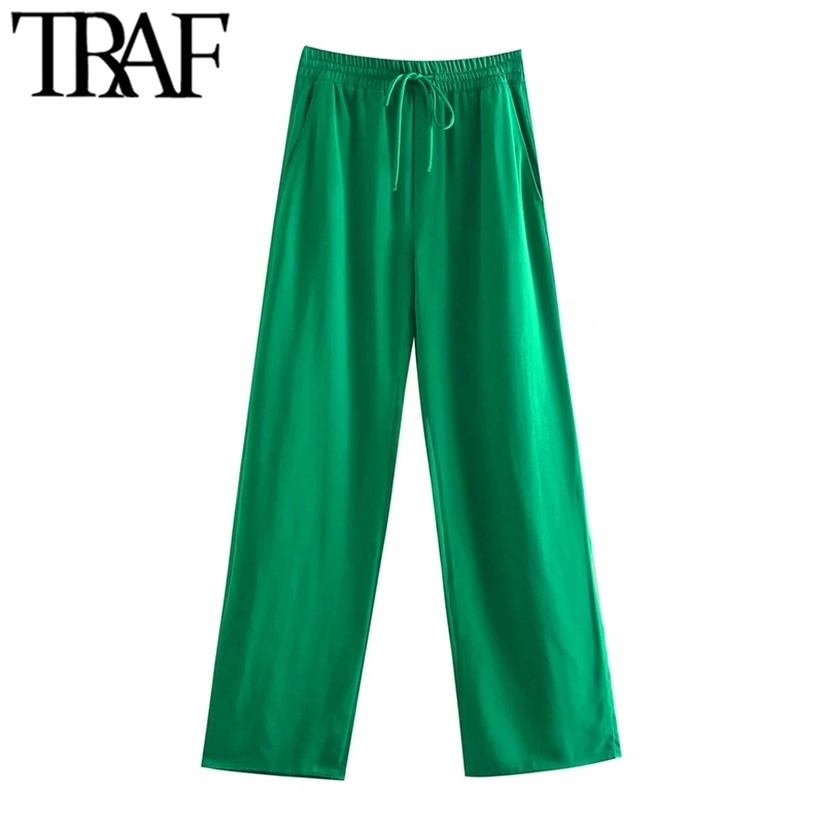 TRAF Women Chic Fashion Side Pockets Loose Wide Leg Pants Vintage High Elastic Waist Drawstring Female Trousers Mujer 220325