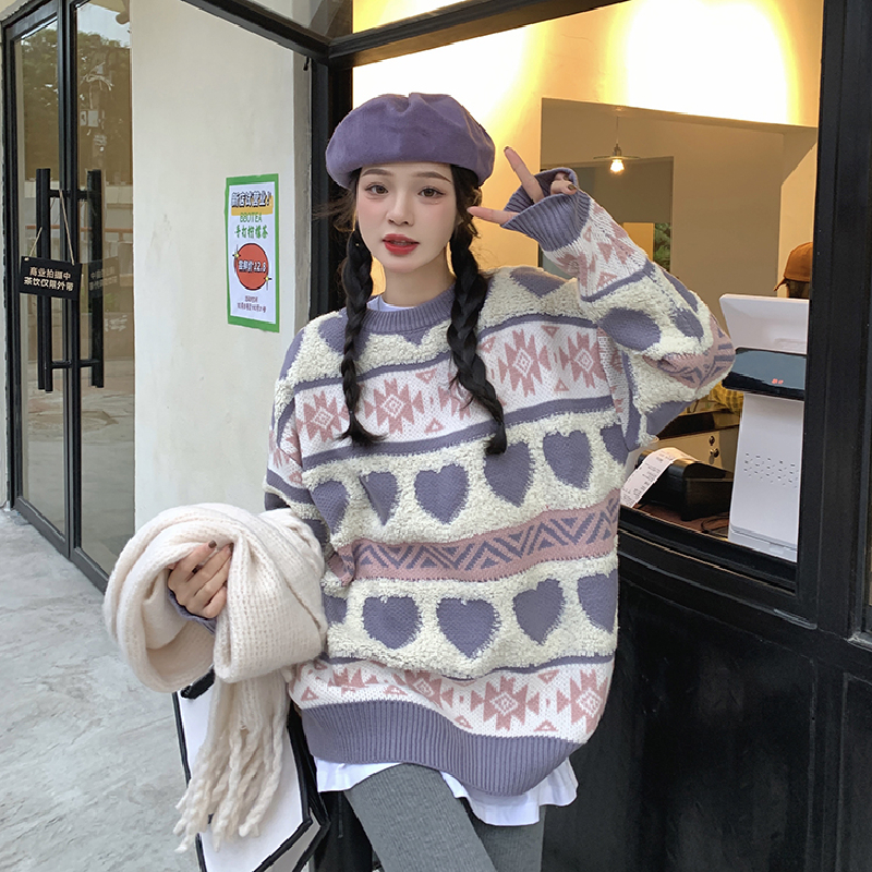 Vintage Leisure Womens Clothing Sweater Lazy Wind Purple Crew Neck Pullover Winter Long Sleeves HeartShaped Knitting Tops W220817