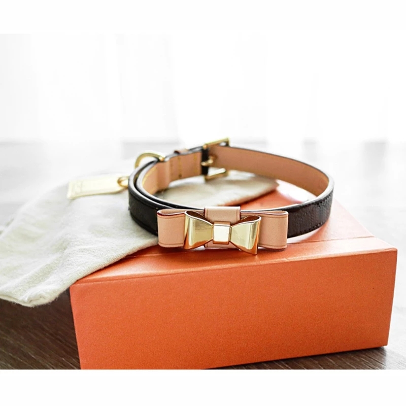 Designer Collars Leash set, Soft Padded Leather Dog Bow, Custom Heavy Duty Collar with Metal Hardware, Durable & Comfortable for Small Medium Dog-XL