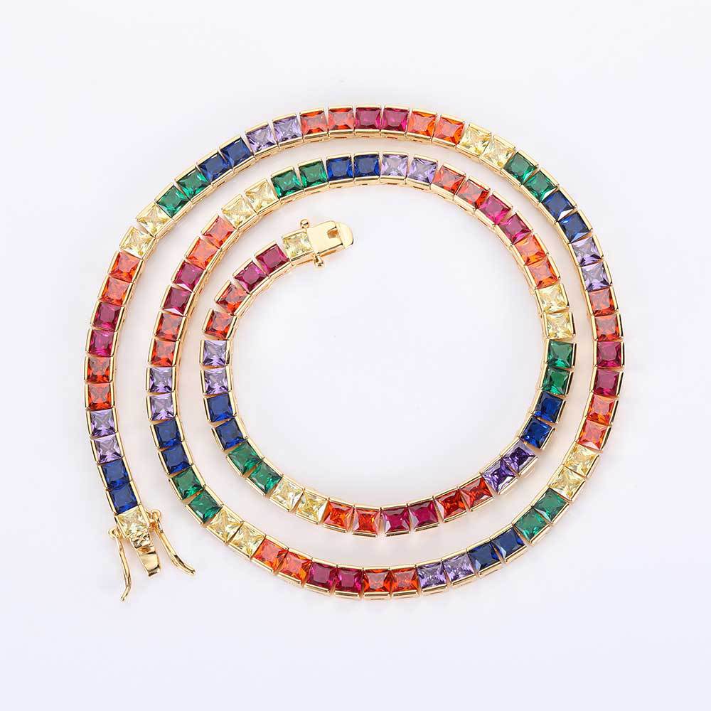Simple hip-hop Necklace jewelry 4mm color tennis chain copper inlaid color square zircon hipster bracelet
