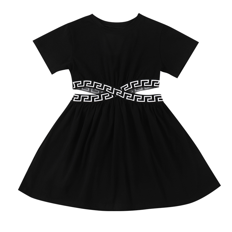 Girls Summer Dresses Black ALine Geometric Pattern Knit Waist Hollow Cut Sports Casual Dress 314Y Childrens Girl Clothing 220707